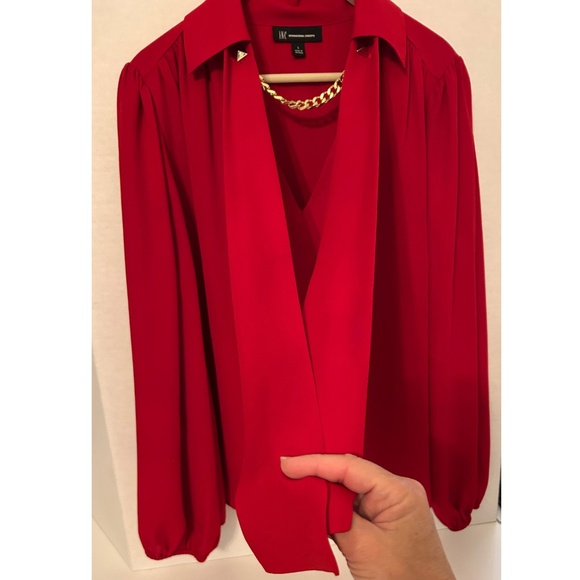 INC Holiday Party Red Long Sleeve Chain V-Neck Blouse - Picture 4 of 7
